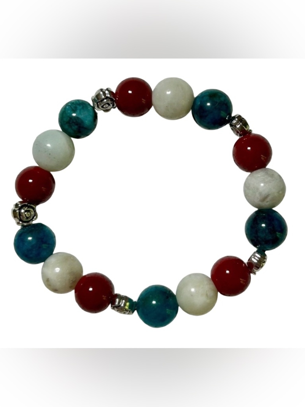 Handmade Natural Stone Patriotic Bracelet with Silver Rose Accents